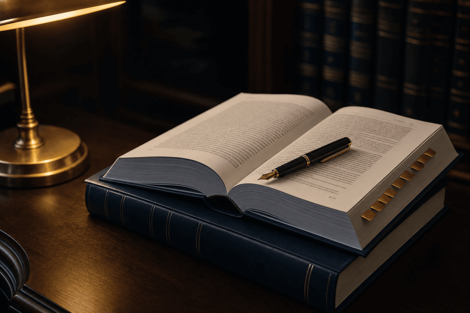 Bound deposition transcript with gold page-line index tabs on an attorney's desk