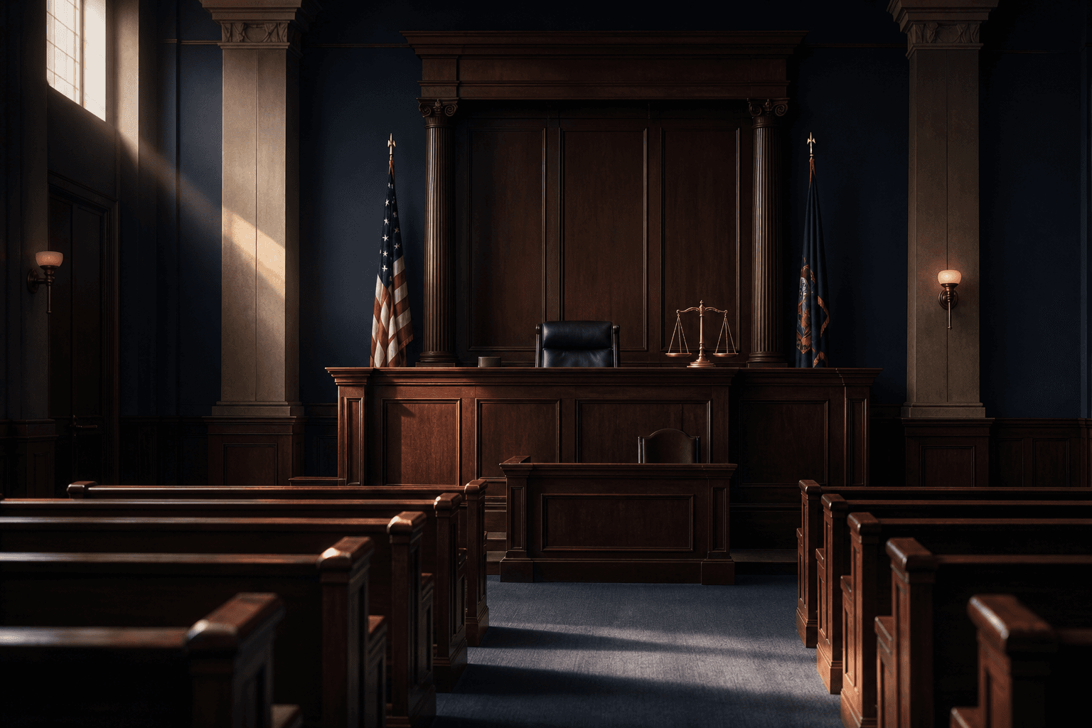 Federal courtroom with judge's bench, counsel tables, and the seal of justice