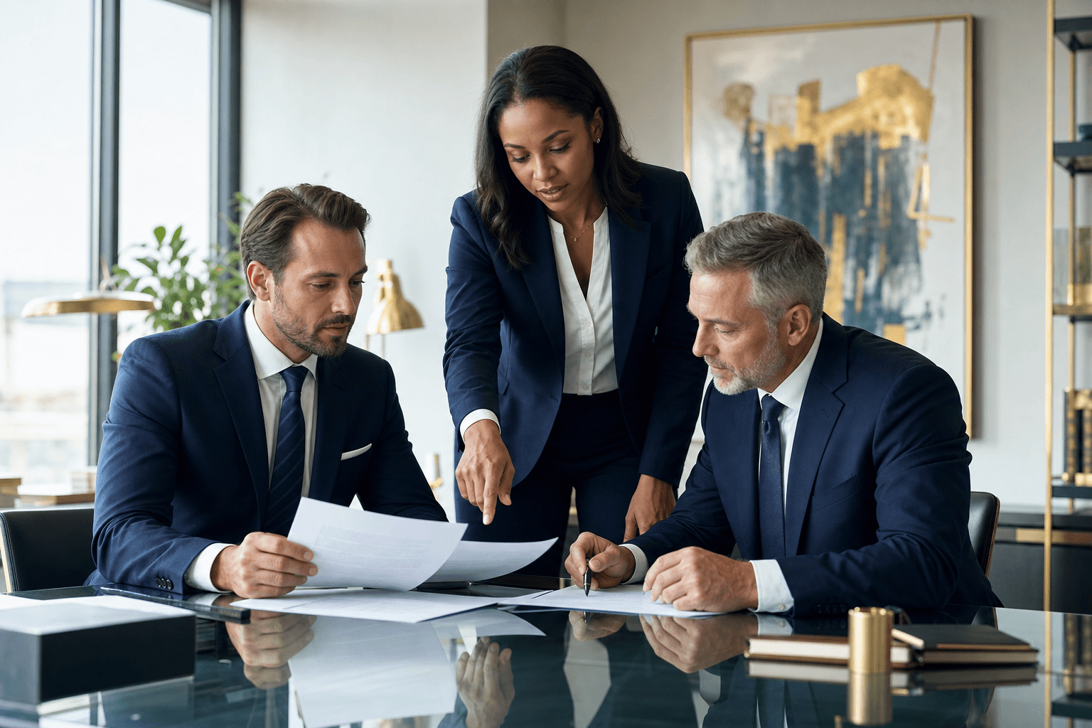 Diverse team of legal professionals collaborating around a conference table