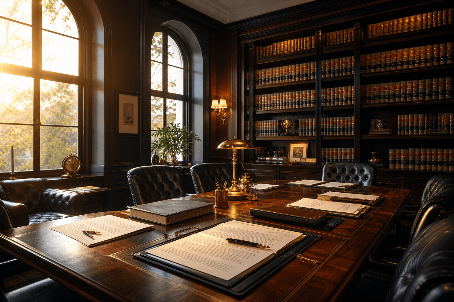 Three attorneys reviewing contracts and legal documents in a modern law firm