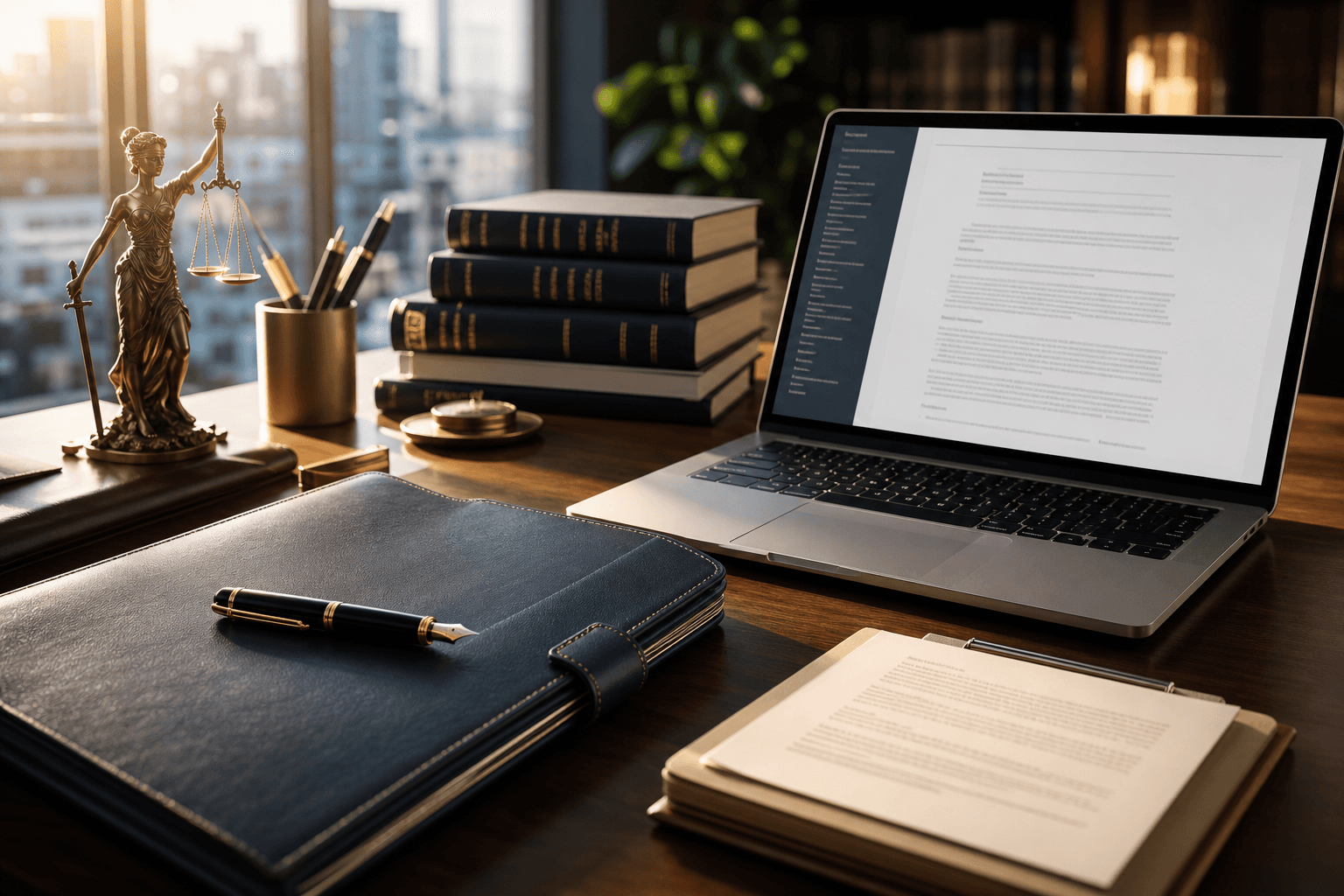 Attorney drafting a demand letter on legal letterhead with fountain pen, certified mail receipt, and case file