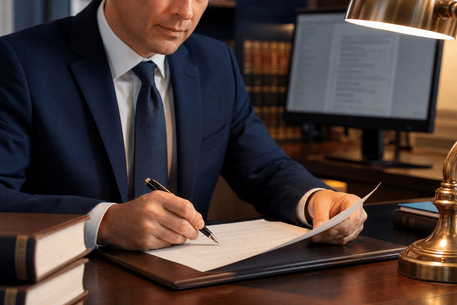 Stack of legal letters on attorney desk: demand letter, cease and desist, notice of breach, with fountain pen and law books