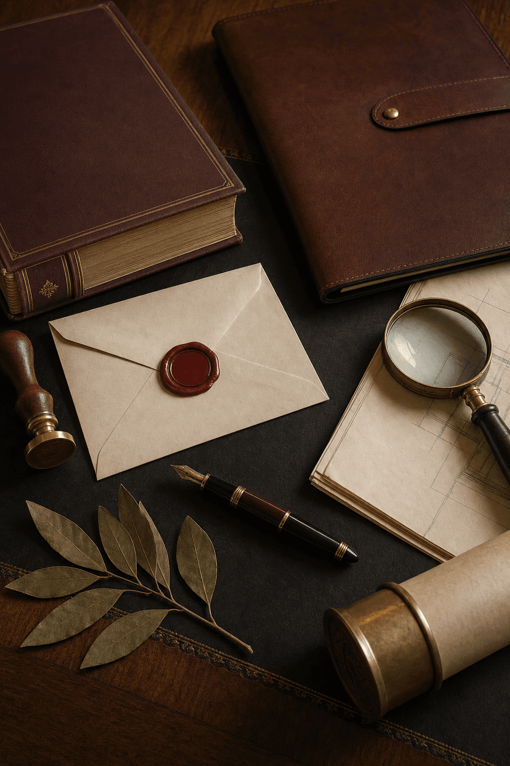 Flat-lay of cease and desist artifacts: wax-sealed envelope, brass-bound trademark register, copyright folio, magnifying loupe, and fountain pen