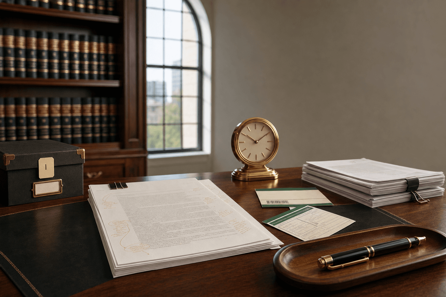 Cease and desist drafting desk with annotated draft, evidence box, certified-mail return receipt, and brass desk clock