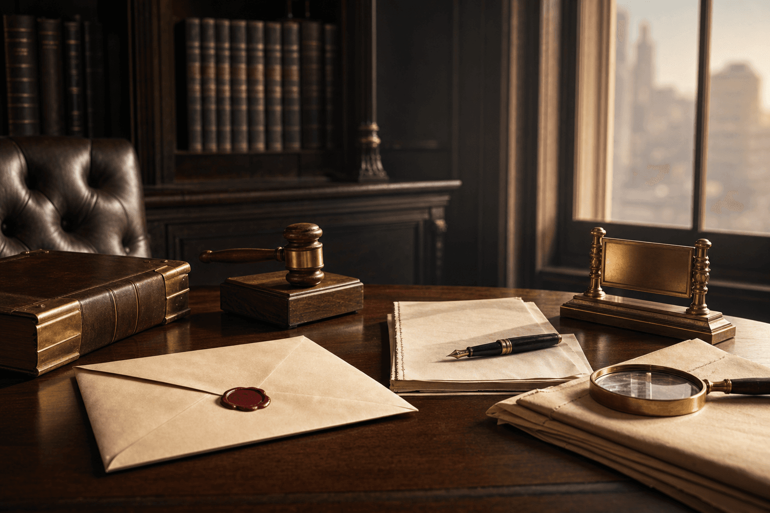 Attorney chambers with wax-sealed cease and desist envelope, brass gavel, fountain pen, and bound trademark register volumes
