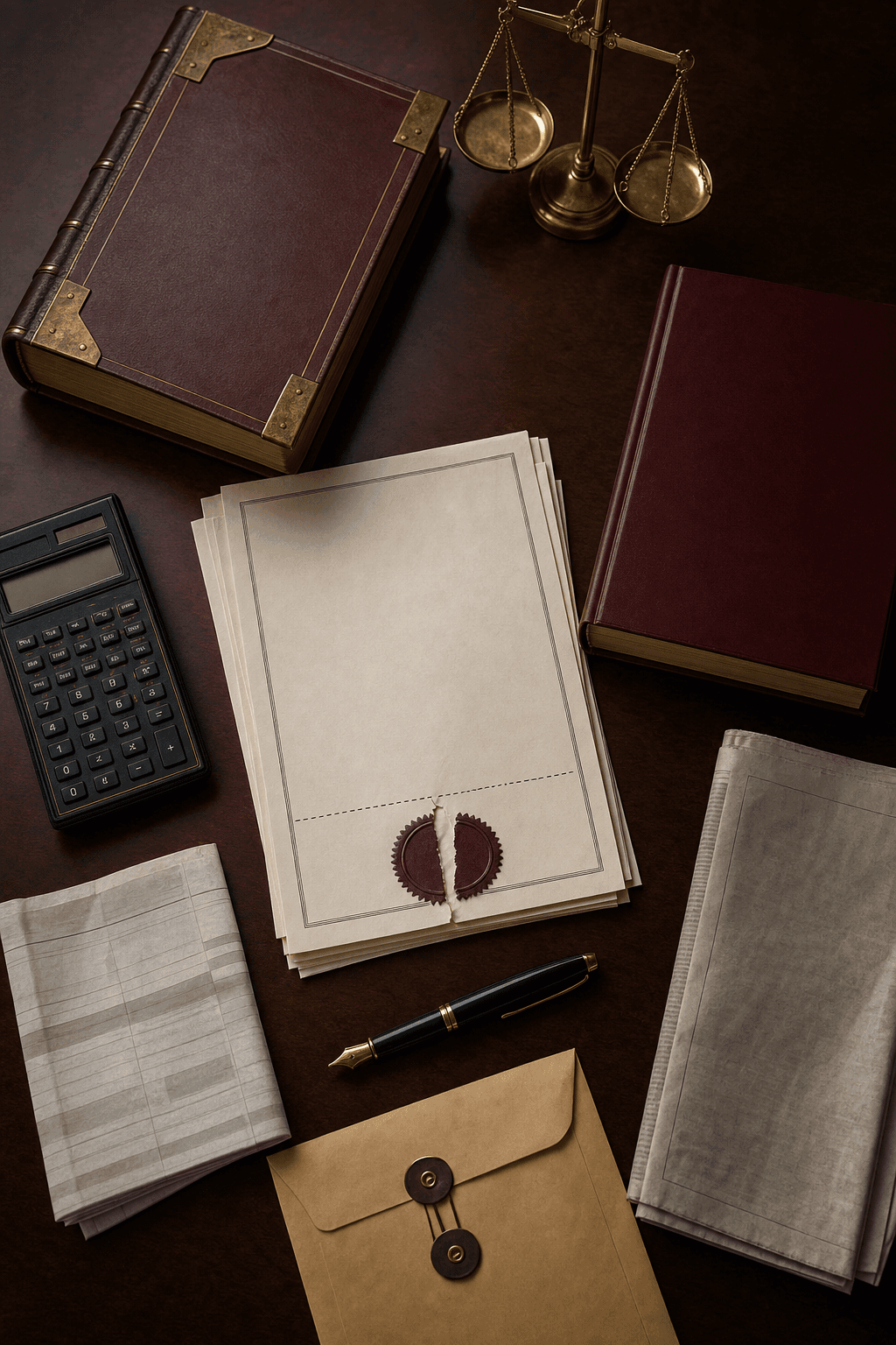 Breach of contract demand evidence flat-lay with executed agreement, missed-performance log, UCC pocket part, and Restatement of Contracts