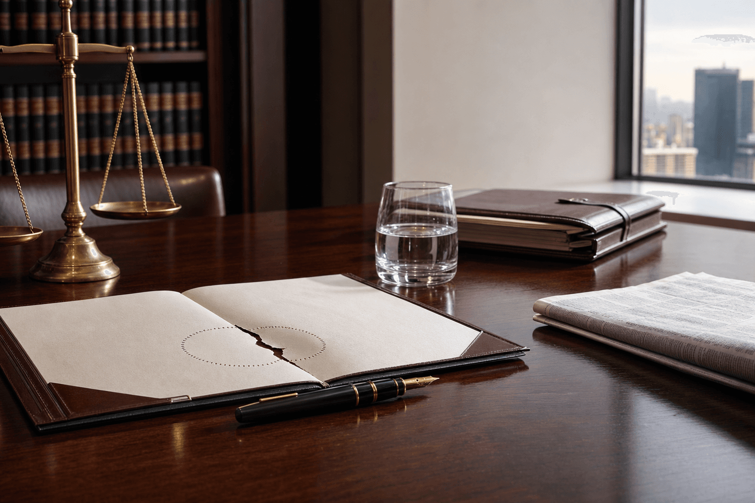 Mahogany conference table with executed contract, fountain pen, and brass scale of justice in a downtown commercial litigation office