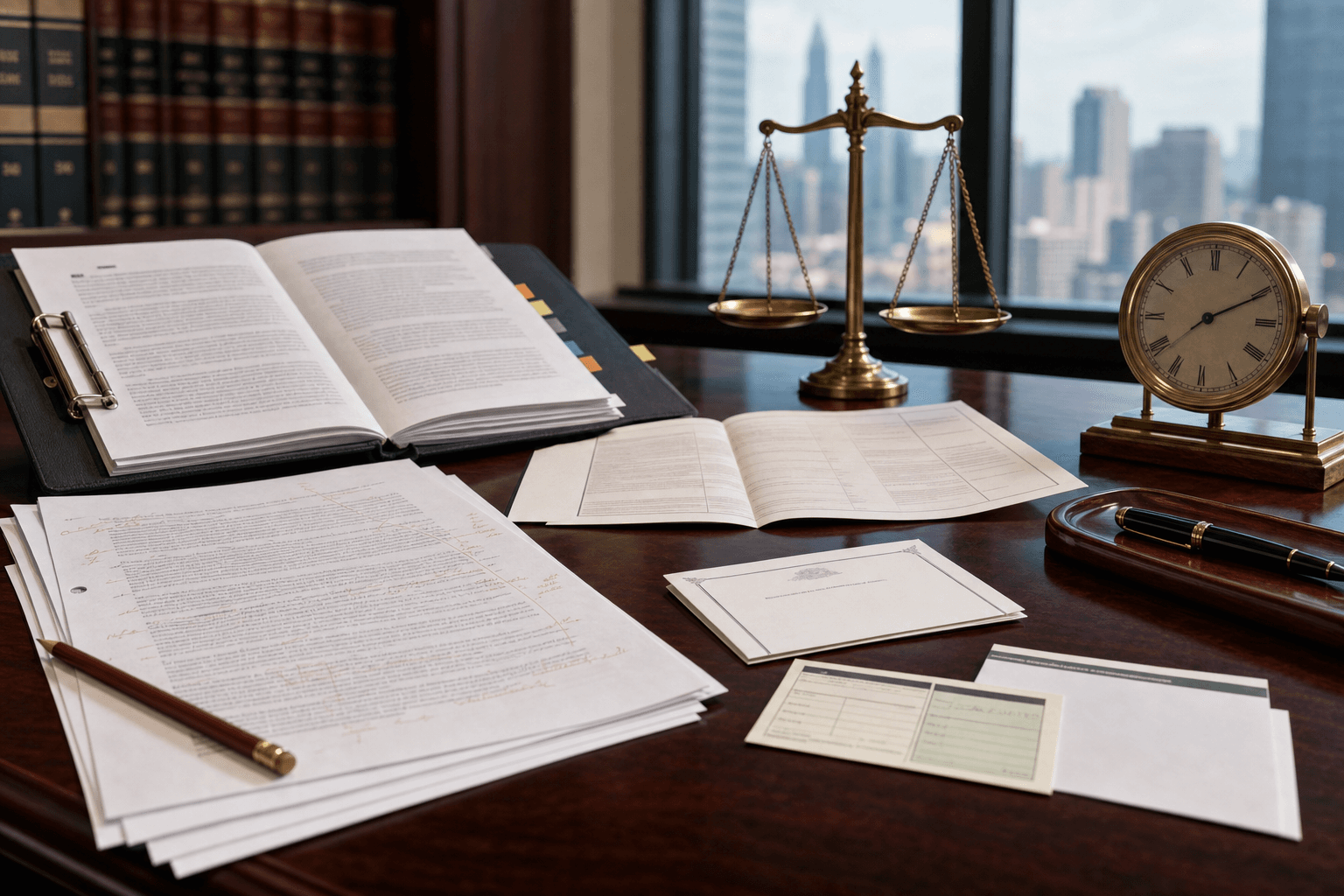 Breach of contract litigation desk with annotated demand draft, exhibit binders, and attorney citation list
