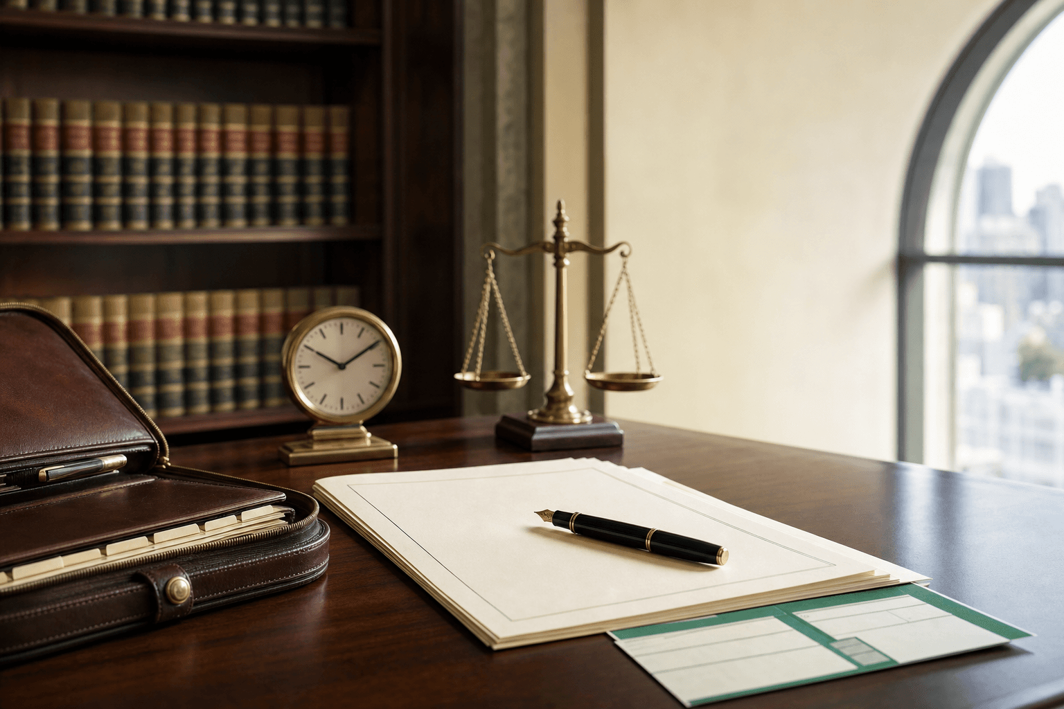 Attorney's drafting desk with cream-letterhead demand letter, certified mail return receipt, fountain pen, and brass scale of justice