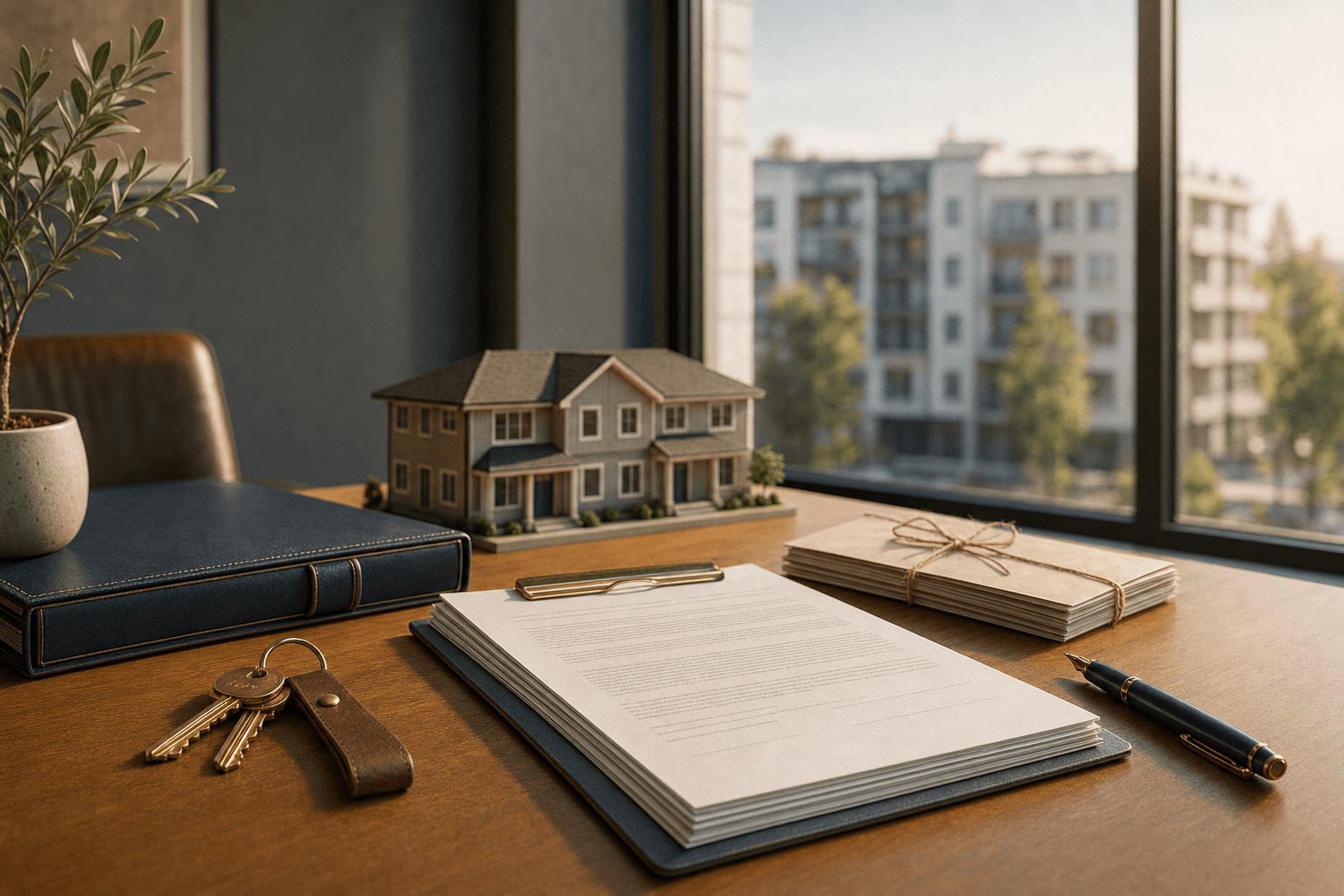 Property management desk with lease folio, brass keys on a leather fob, and notice envelopes prepared for service