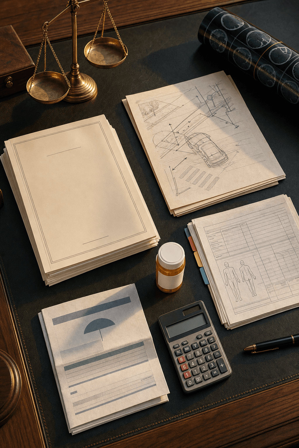 Personal injury demand evidence flat-lay with indexed medical records, CPT codes, and accident scene exhibits