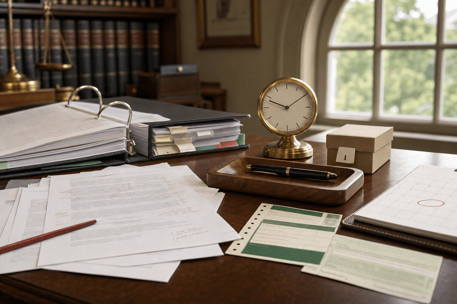 Personal injury demand drafting workflow desk with annotated draft, exhibit binder, and certified-mail tracking