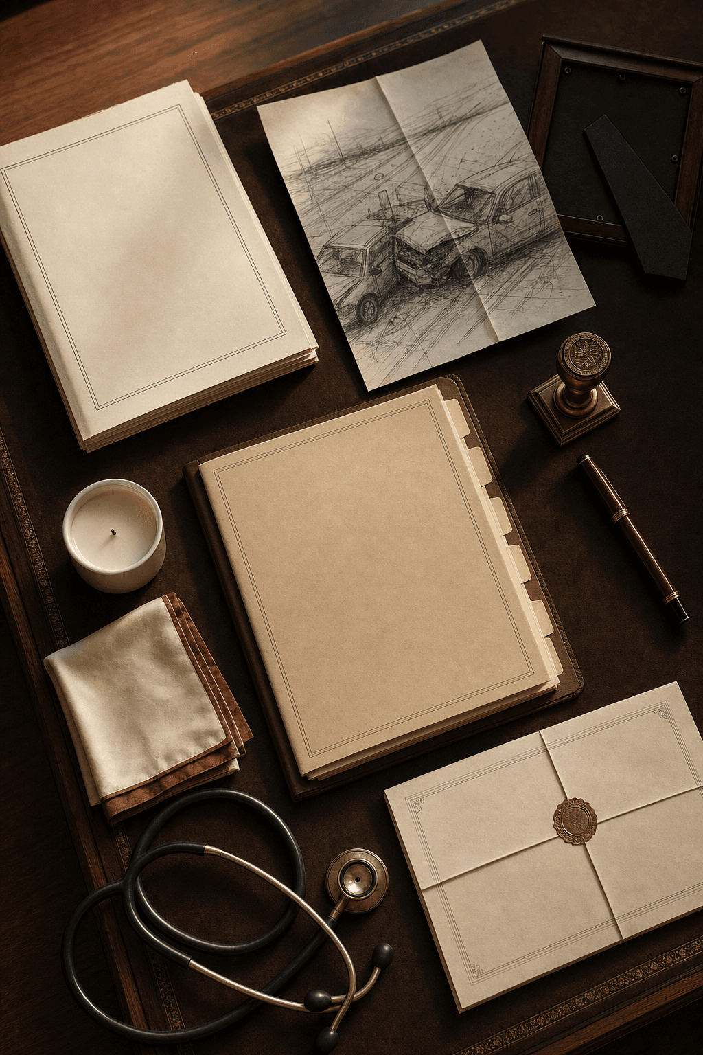 Wrongful death case file flat-lay with statutory beneficiary affidavits, letters testamentary, and bound state Wrongful Death Act