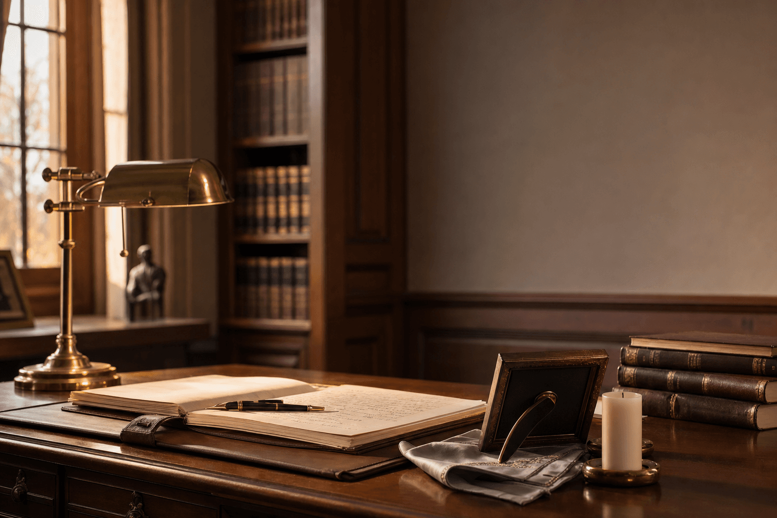 Attorney chambers with open case file, fountain pen, and brass desk lamp during a wrongful death intake review