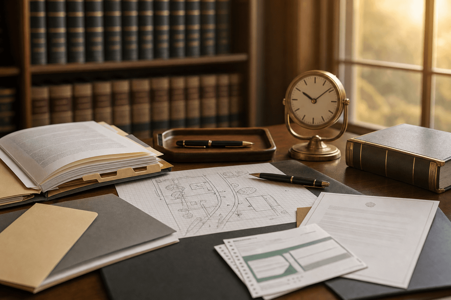 Wrongful death investigation desk with autopsy report binder, evidence preservation log, and accident reconstruction expert file