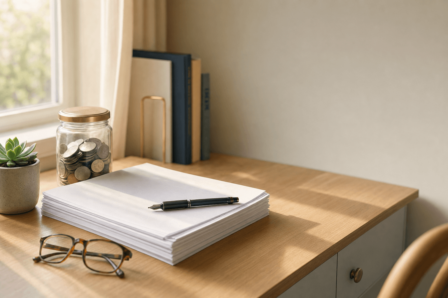 Neatly prepared legal documents beside a small glass jar of coins on a tidy desk