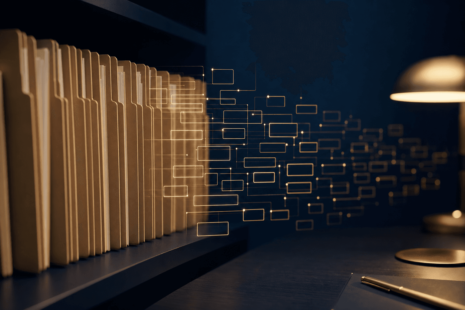 Contract folders transforming into a structured data grid of abstracted fields