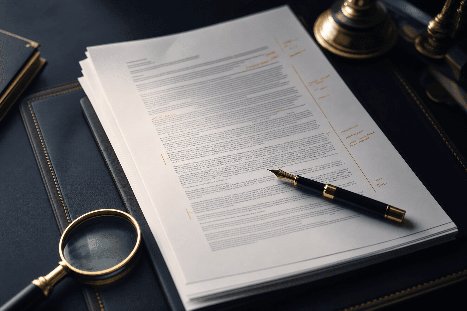 Contract pages with attorney redline markings and a fountain pen on a desk pad