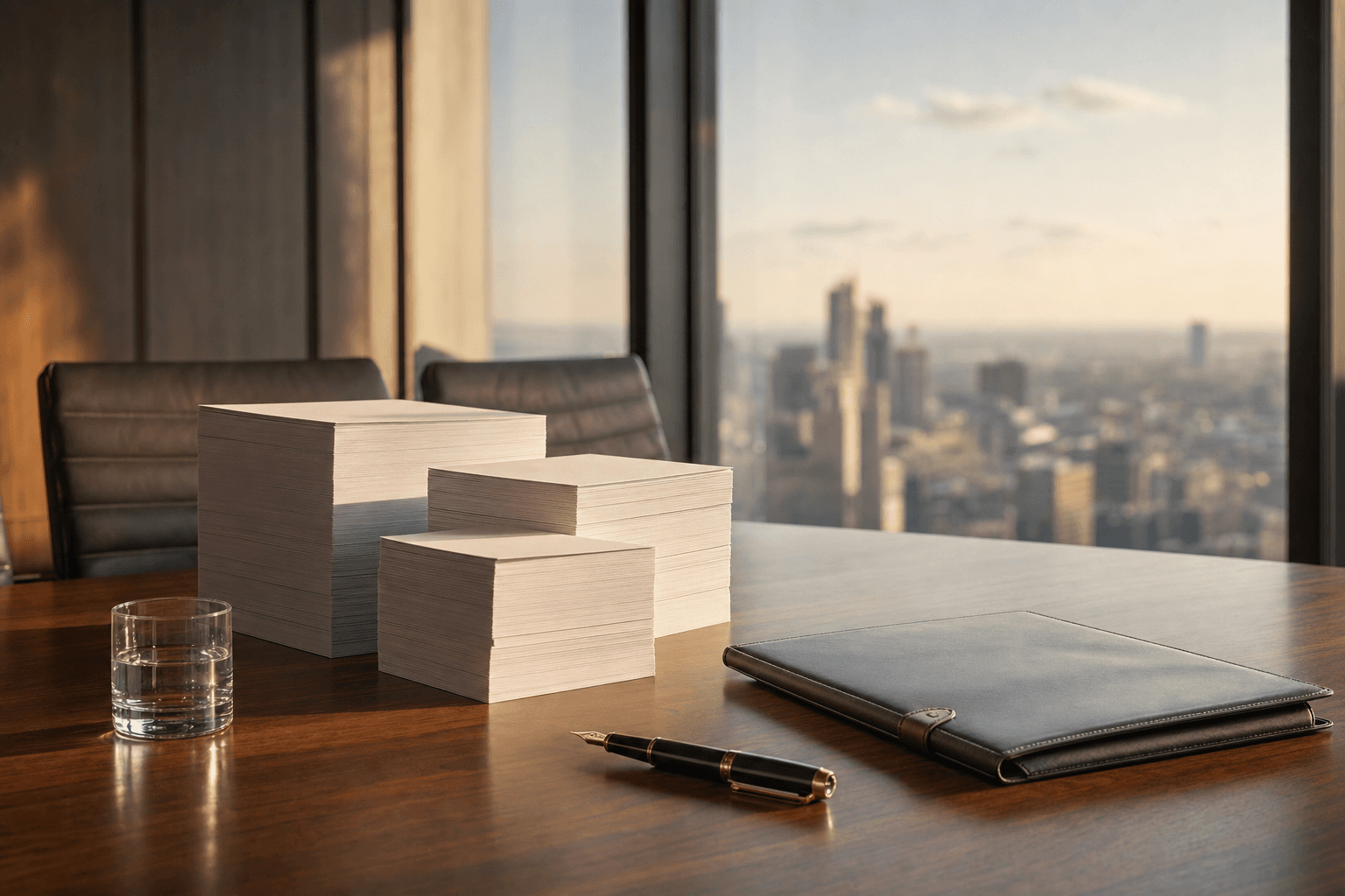 Organized stacks of business contracts on a boardroom table with a city view behind