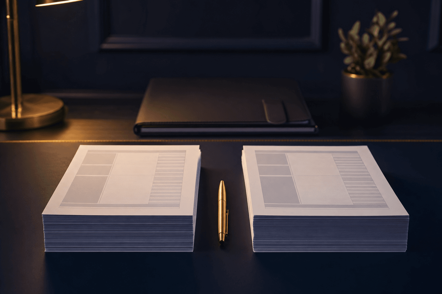 Two neatly prepared stacks of divorce court forms with a pen on a calm desk