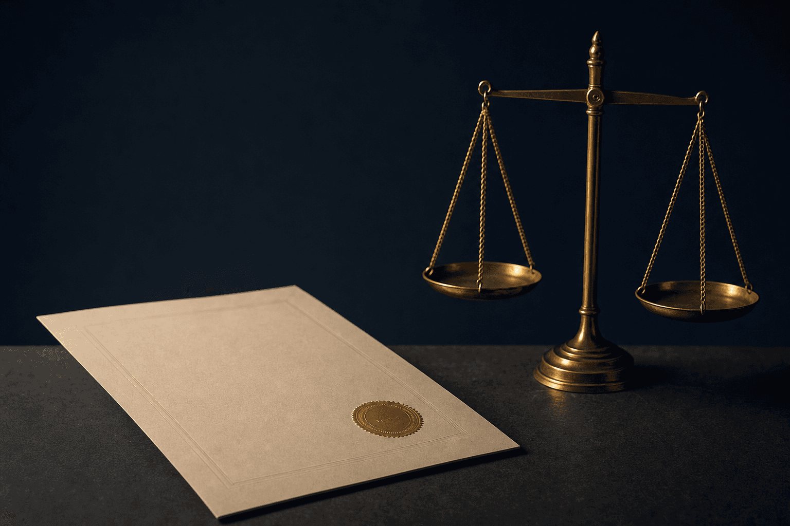 Document with an embossed gold seal beside a balanced brass scale, symbolizing fixed-fee legal work