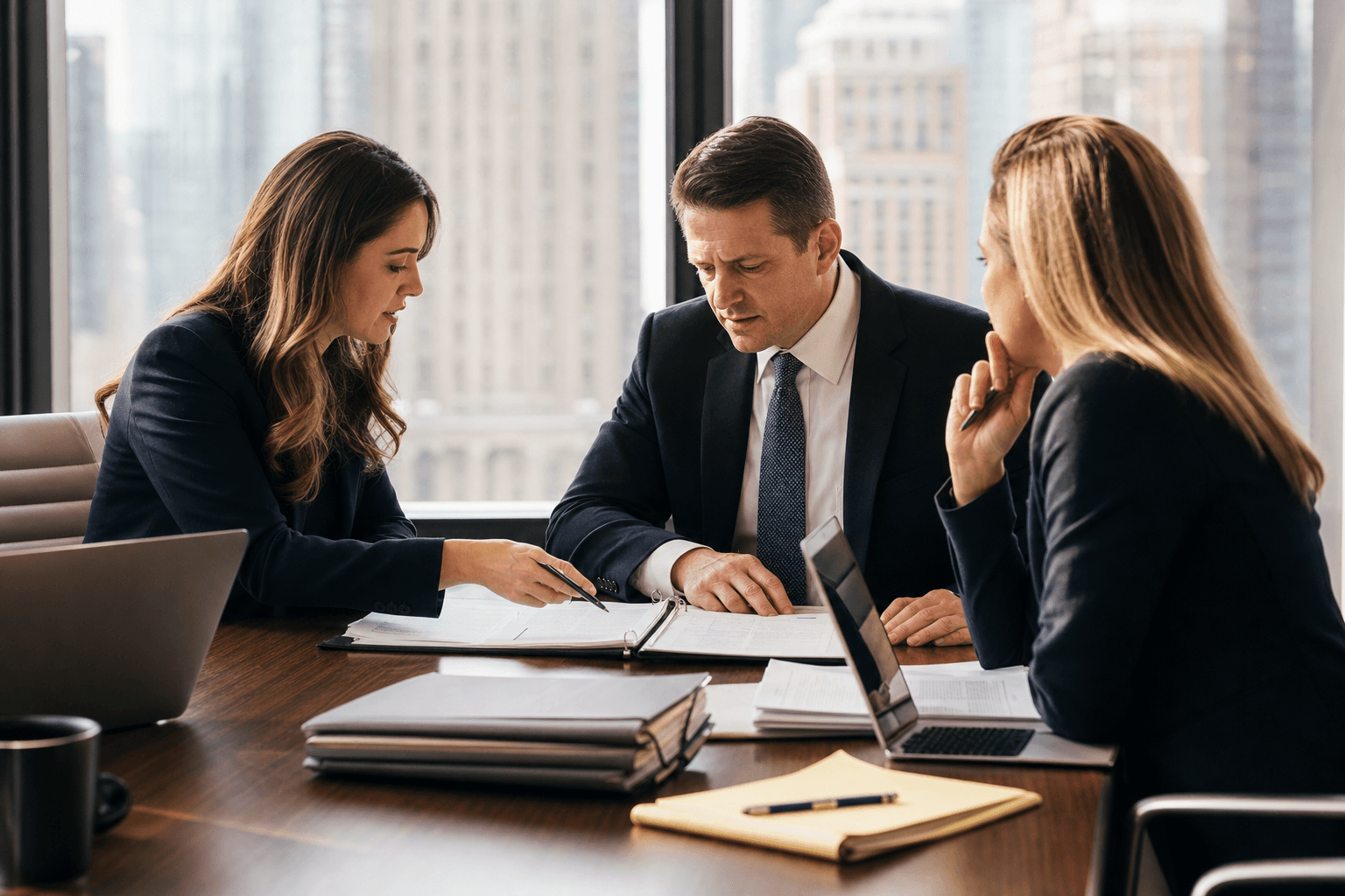 Legal team reviewing discovery documents and case binders around a conference table in a modern law firm