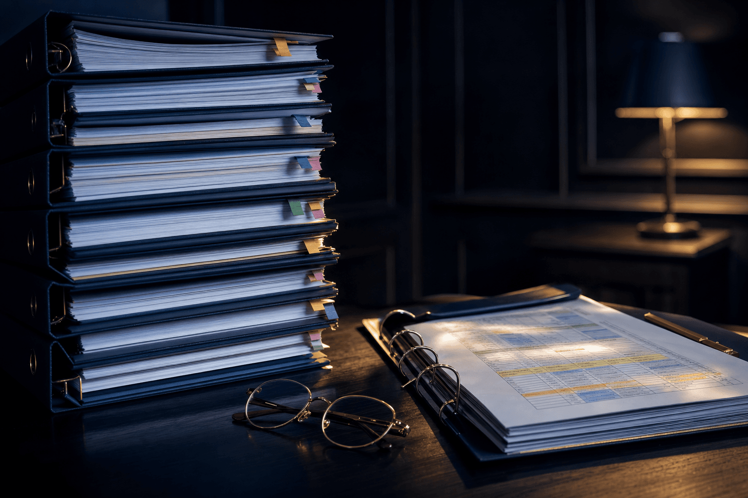 Organized medical record binders with color-coded review flags on a law firm desk