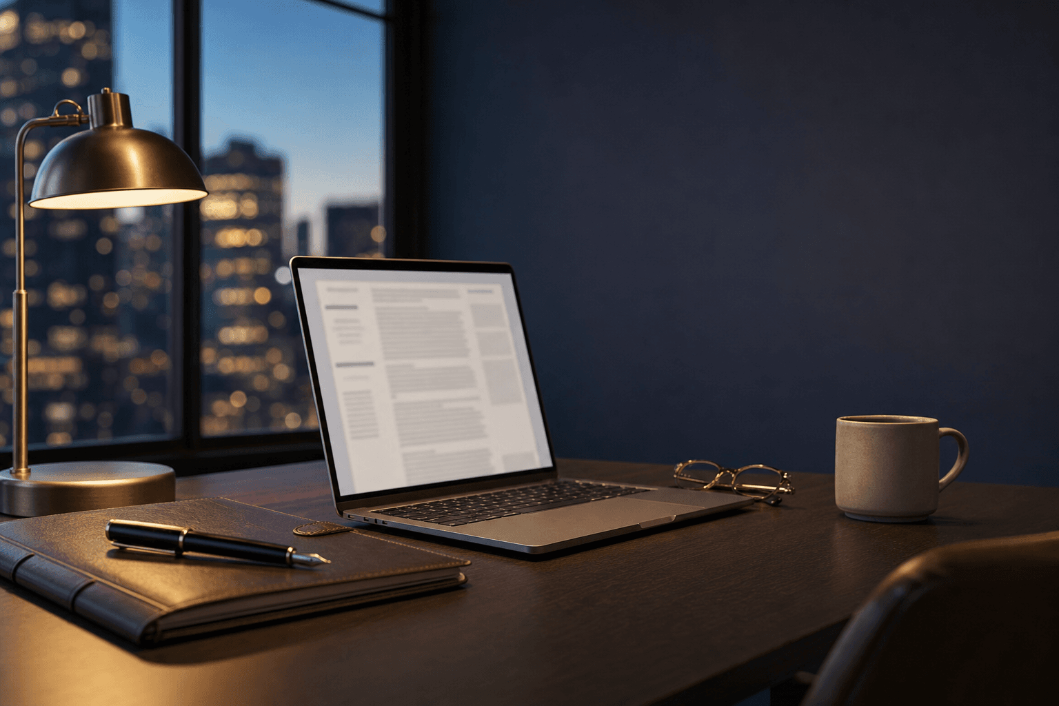 Laptop on a clean desk displaying a legal document beside a fountain pen and reading glasses
