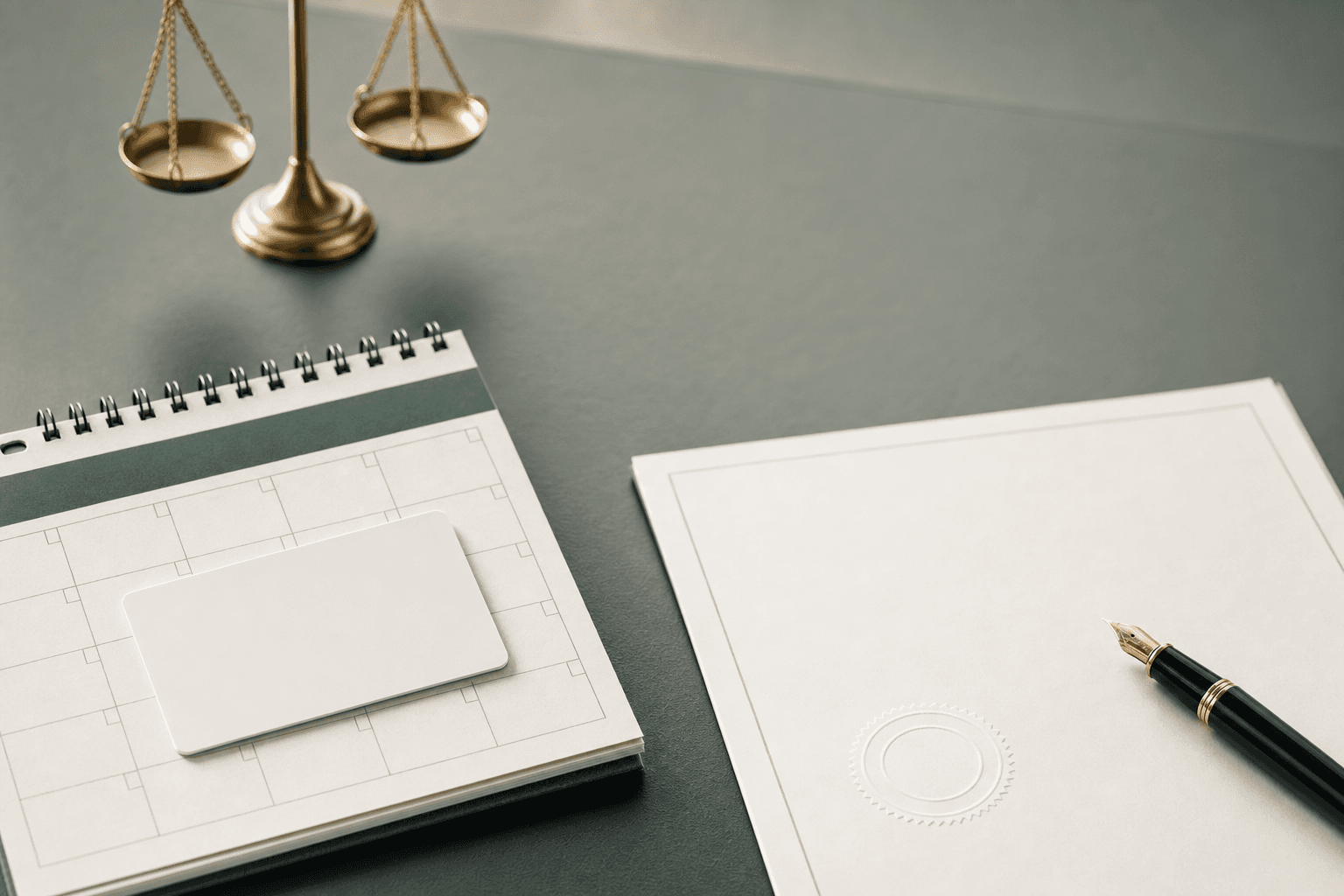 Membership card resting on a stack of legal documents beside a wall calendar