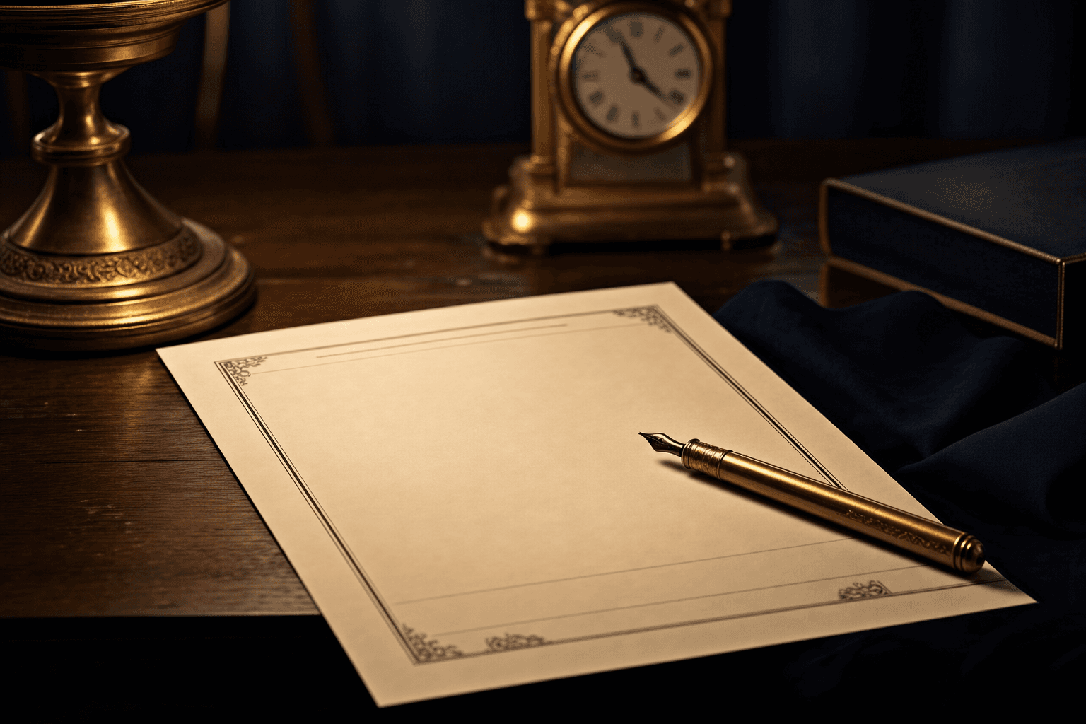Formal last will document with a fountain pen on an oak desk in warm light